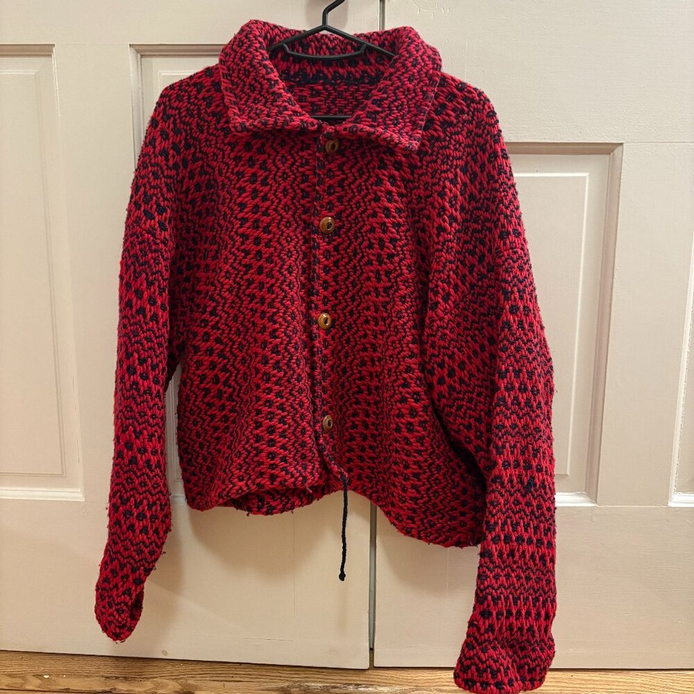 Chunky Knit Red & Black Button-Up Jacket Cardigan